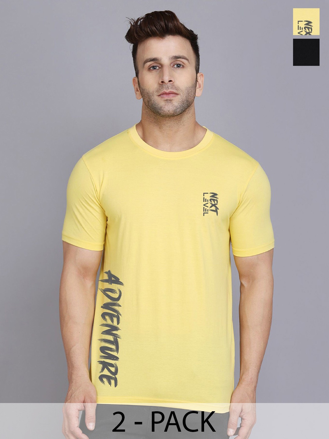 

SLOWLORIS Pack Of 2 Men Typography Printed Round Neck T-shirt, Yellow