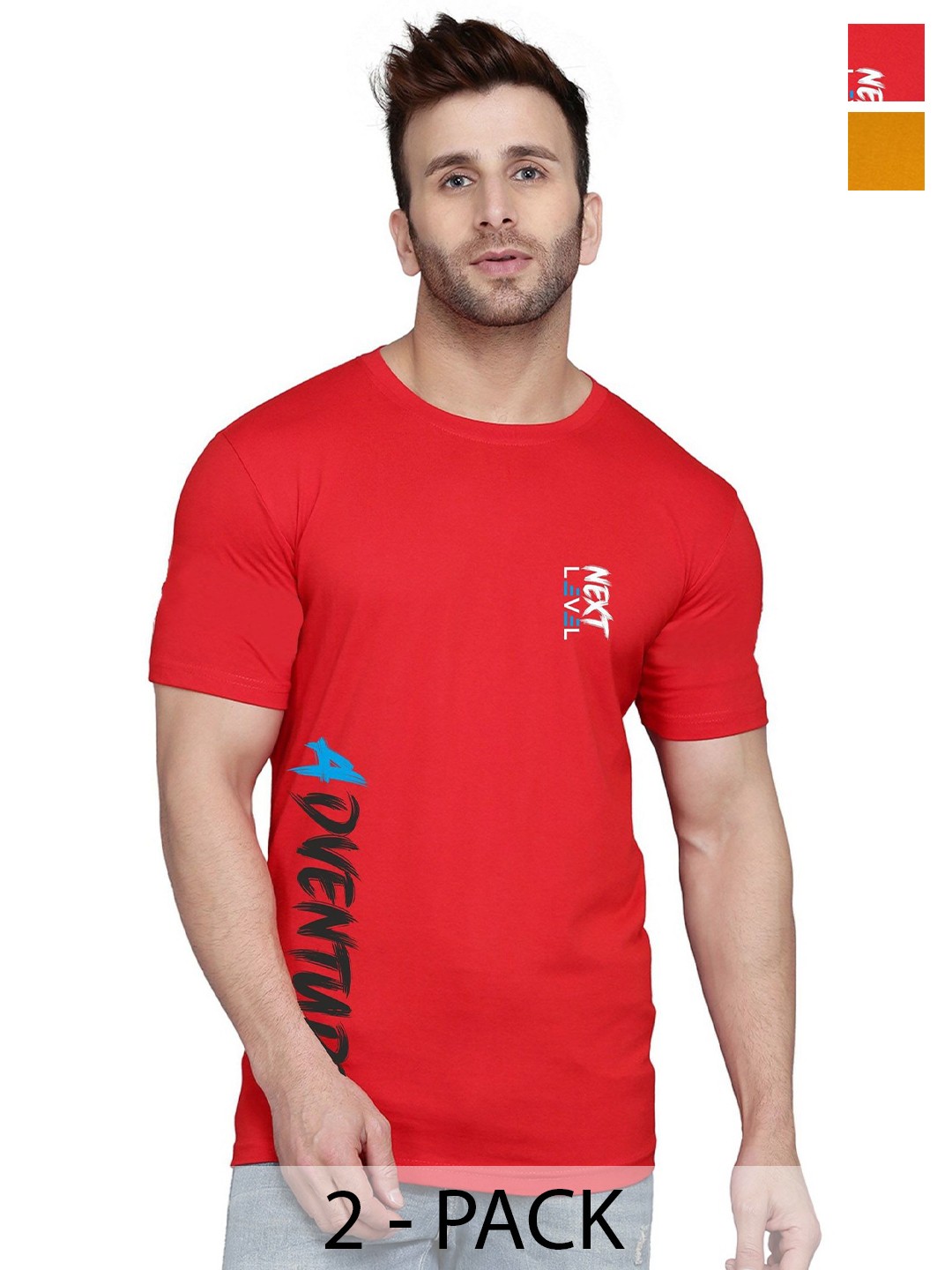 

SLOWLORIS Men Pack Of 2 Printed Round Neck T-shirts, Red
