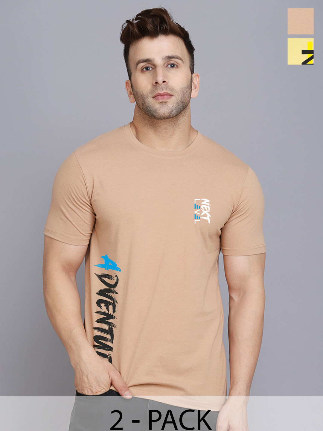 

SLOWLORIS Men Pack Of 2 Typography Printed T-shirts, Beige