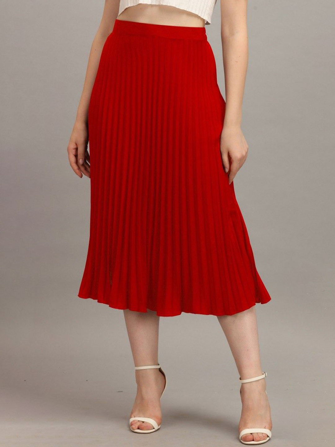

OTABU Accordion Pleated A-Line Midi Skirt, Red