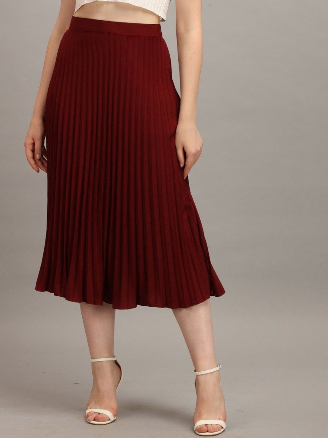 

OTABU Women Accordion Pleated Flared Midi Skirt, Maroon