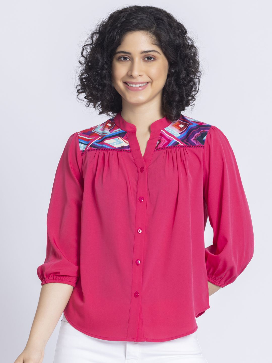 

SHAYE Solid Mandarin Collar Top, Pink