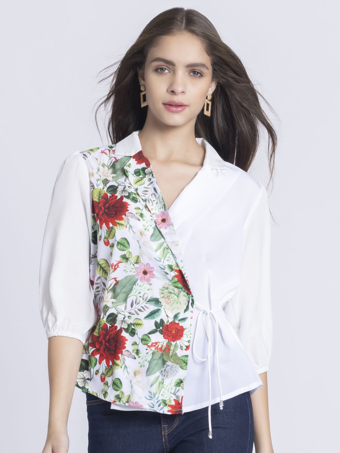 

SHAYE Floral Printed Lapel Collar Wrap Top, White