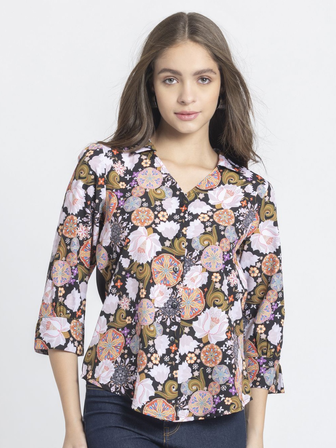 

SHAYE Floral Printed Shirt Collar Top, Black