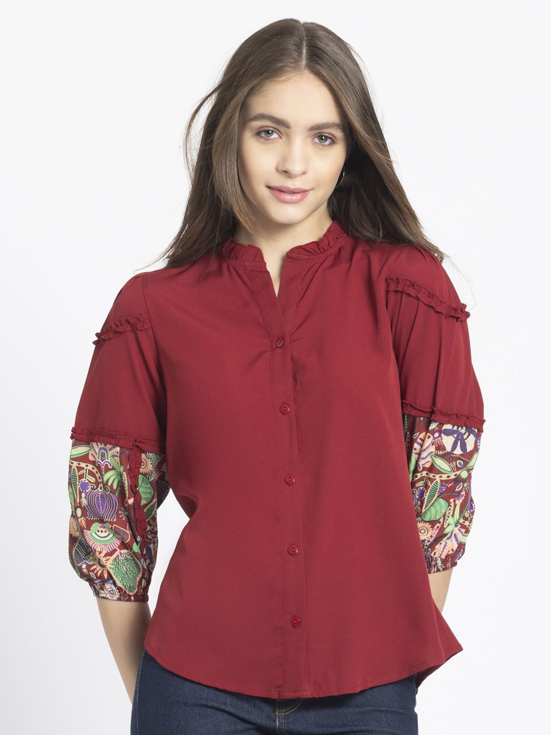 

SHAYE Solid Mandarin Collar Shirt Style Top, Maroon