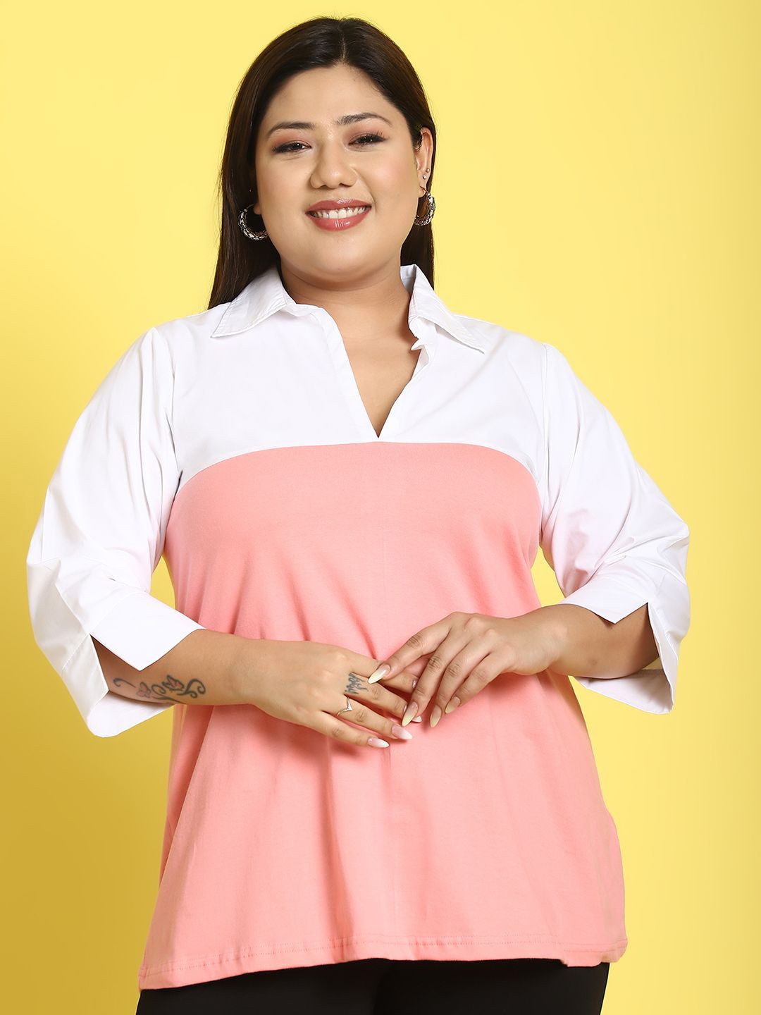 

theRebelinme Colourblocked Shirt Collar Pure Cotton Top, Peach