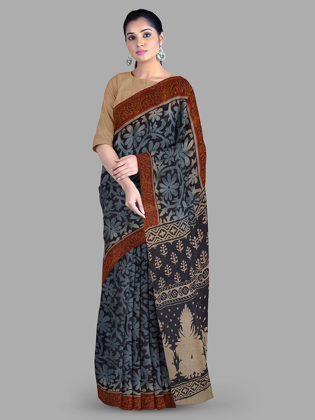 

The Chennai Silks Ethnic Motifs Pure Cotton Muga Saree, Black