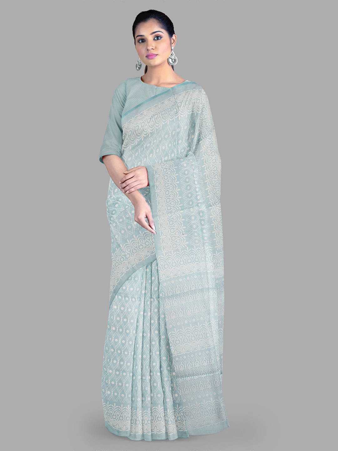 

The Chennai Silks Printed Pure Cotton Muga Saree, Blue