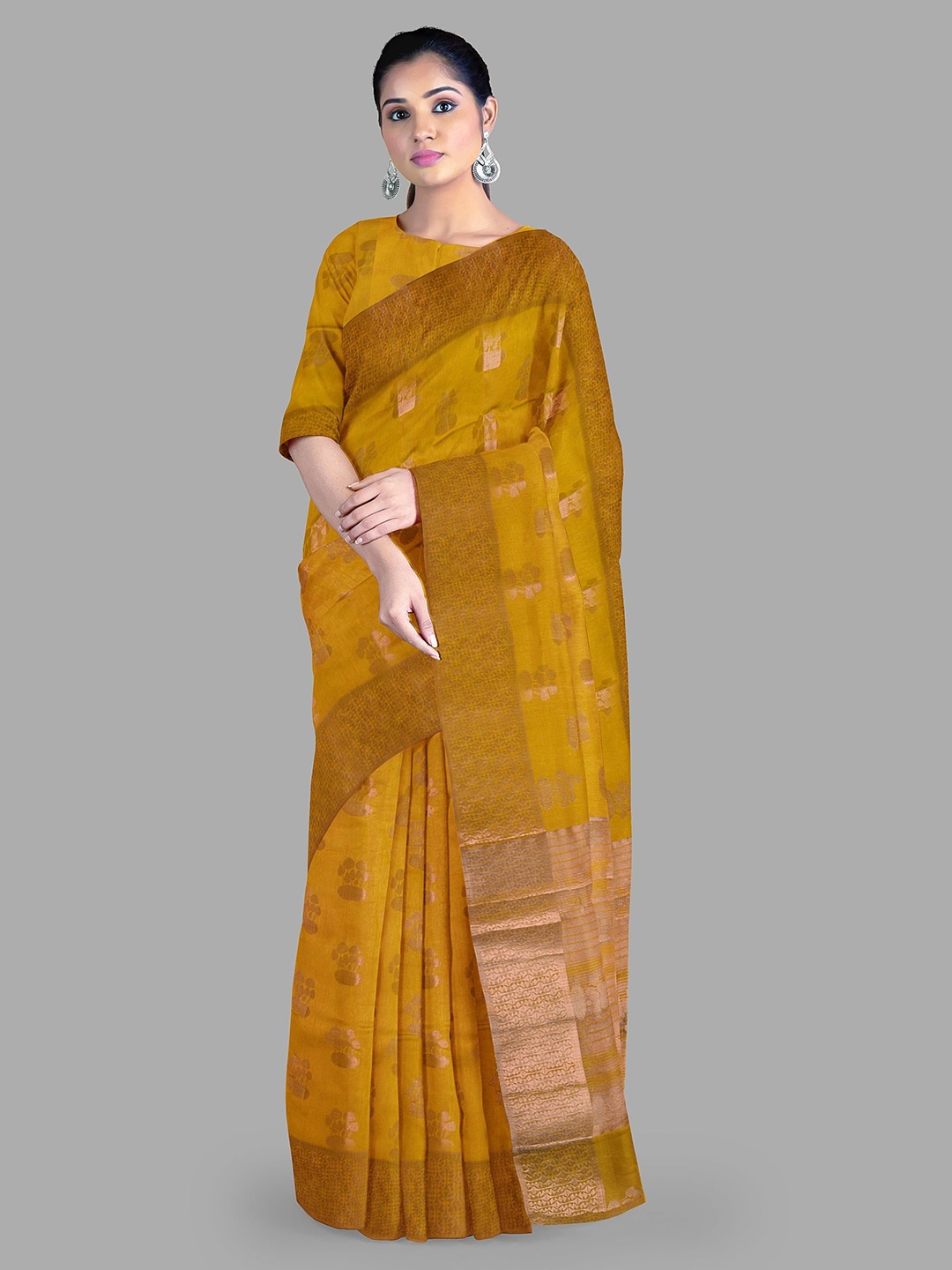 

The Chennai Silks Ethnic Motifs Jute Cotton Fusion Saree, Yellow