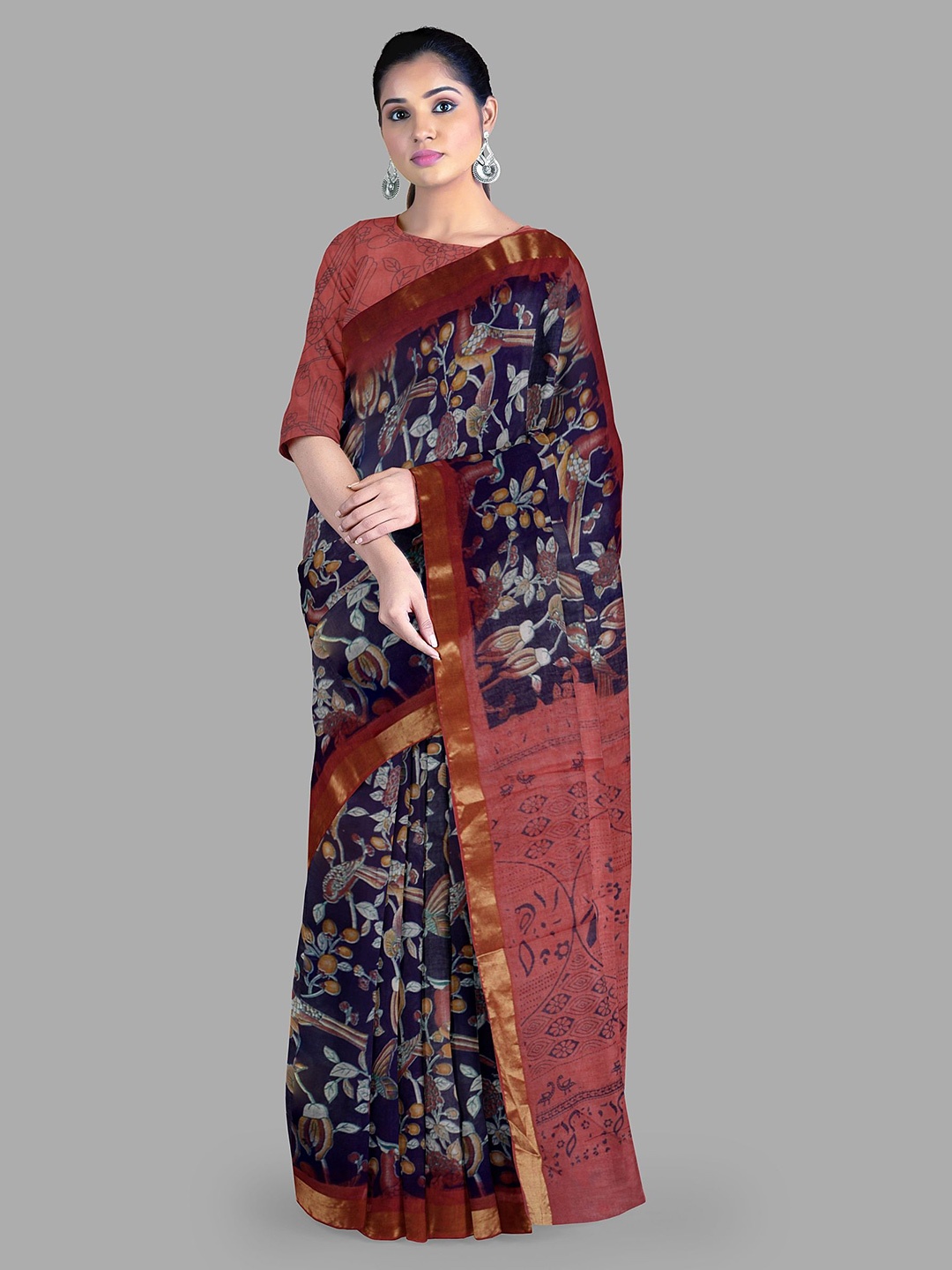 

The Chennai Silks Pure Cotton Muga Saree, Navy blue