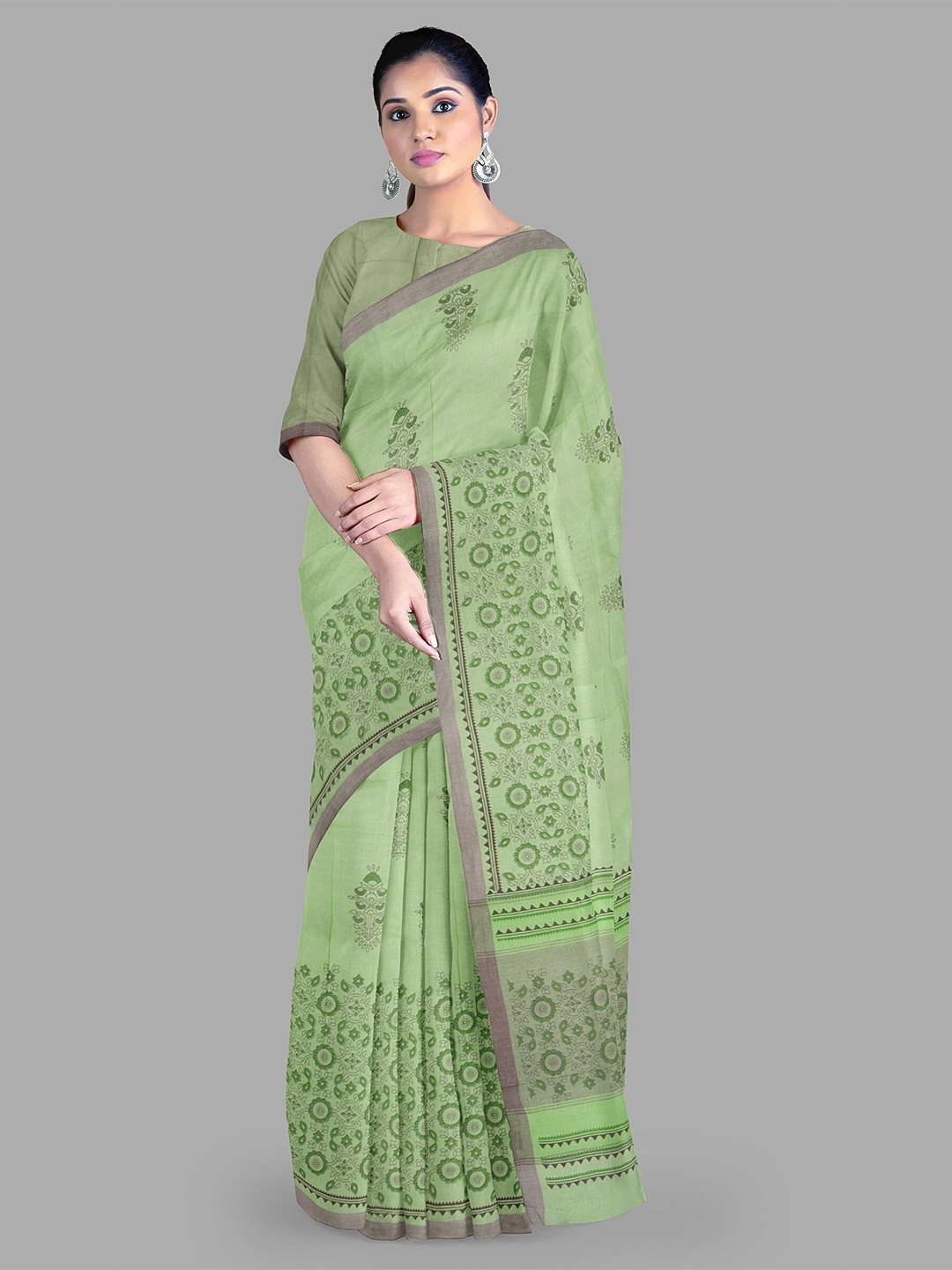 

The Chennai Silks Floral Pure Cotton Muga Saree, Green