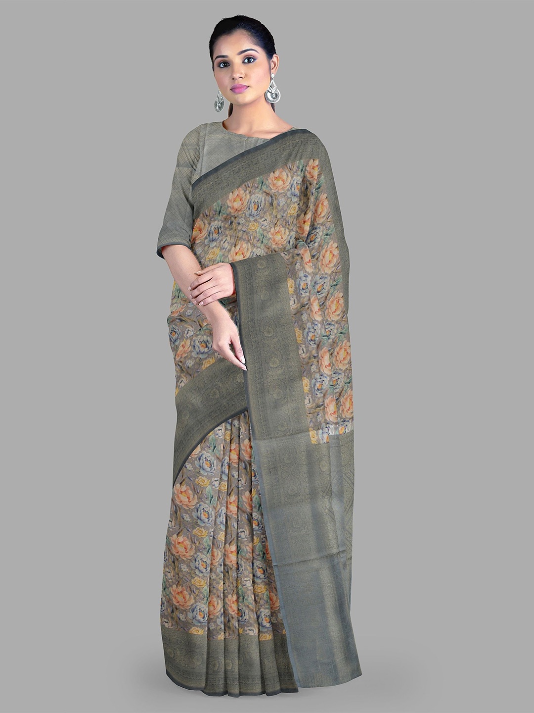 

The Chennai Silks Kanjivaram Floral Fusion Saree, Grey