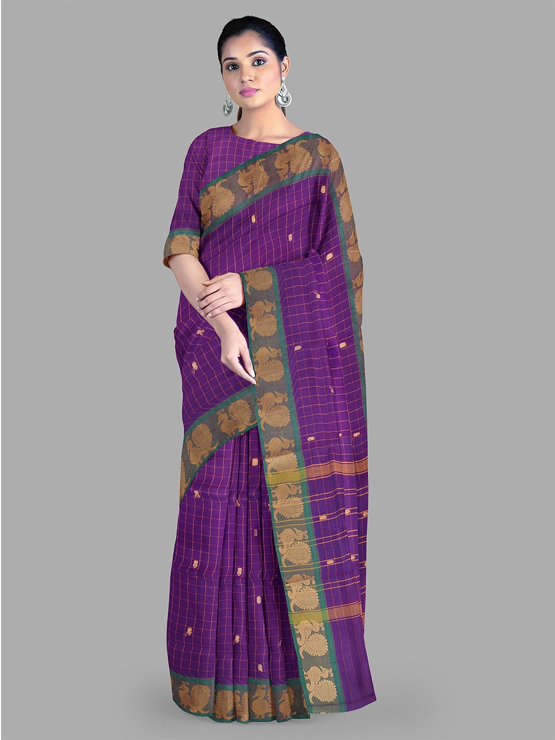 

The Chennai Silks Checked Zari Pure Cotton Chettinad Saree, Violet