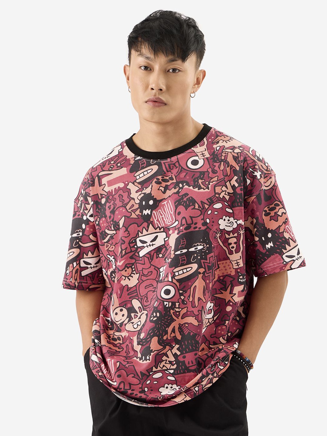 

The Souled Store Men Graphic Printed Oversized T-shirt, Coral