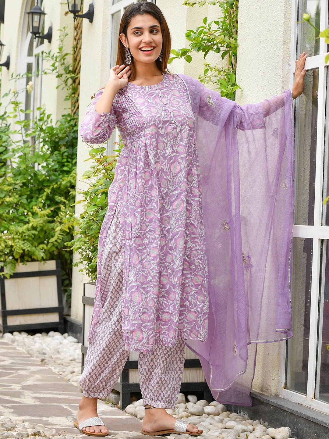 

KALINI Floral Printed Regular Kurta with Trousers & With Dupatta, Purple