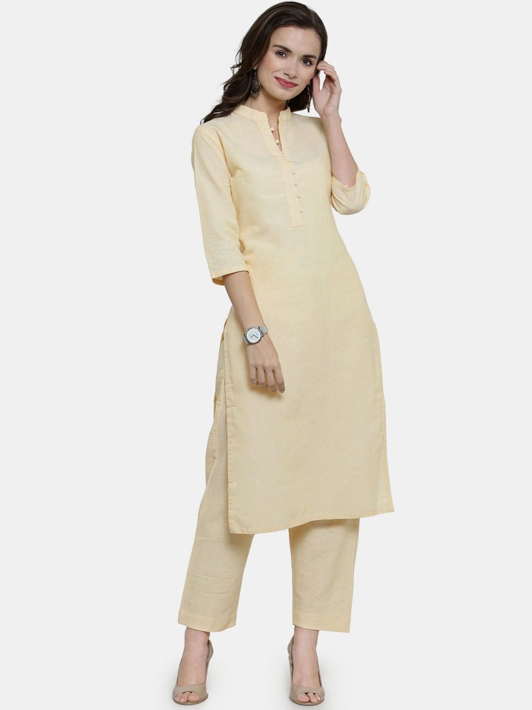 

Sayesha Mandarin Collar Three-Quarter Sleeves Pure Cotton Kurta With Trousers, Yellow