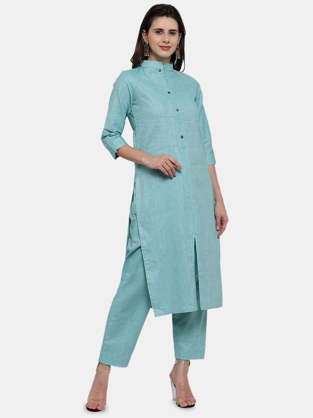 

Sayesha Mandarin Collar Pure Cotton Kurta With Trousers, Blue