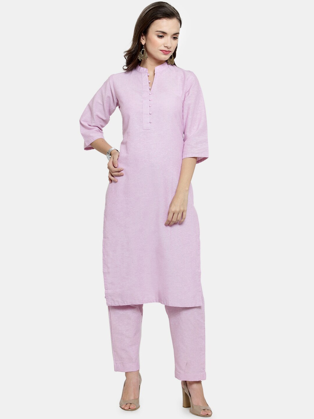 

Sayesha Mandarin Collar Three-Quarter Sleeves Pure Cotton Kurta With Trousers, Mauve