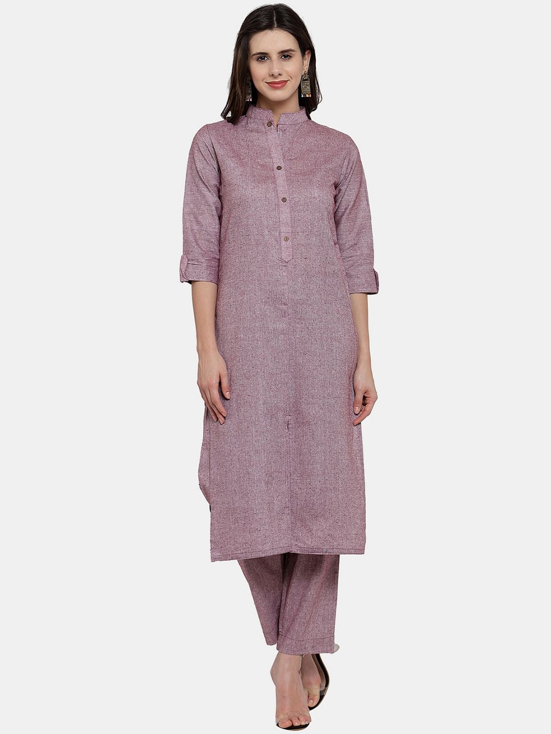 

Sayesha Mandarin Collar Pure Cotton Straight Kurta with Trousers, Violet