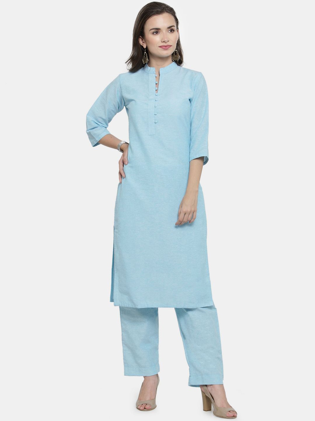 

Sayesha Mandarin Collar Pure Cotton Straight Kurta with Trousers, Blue