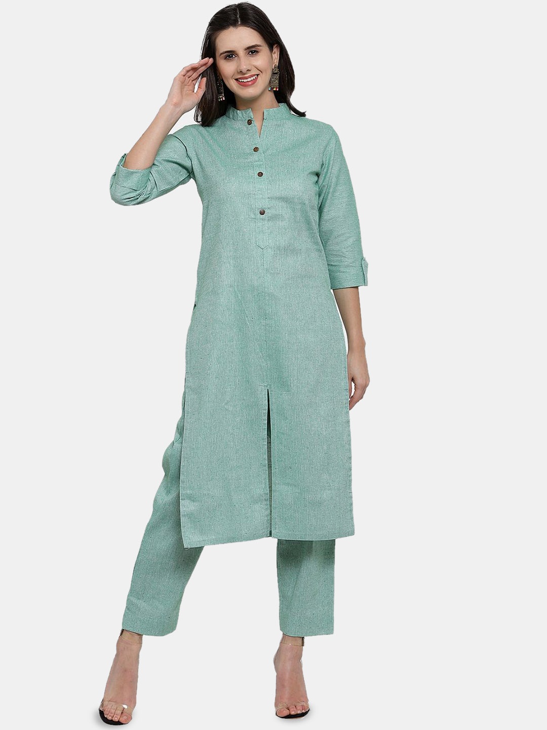 

Sayesha Mandarin Collar Roll-Up Sleeves Pure Cotton Kurta With Trousers, Teal