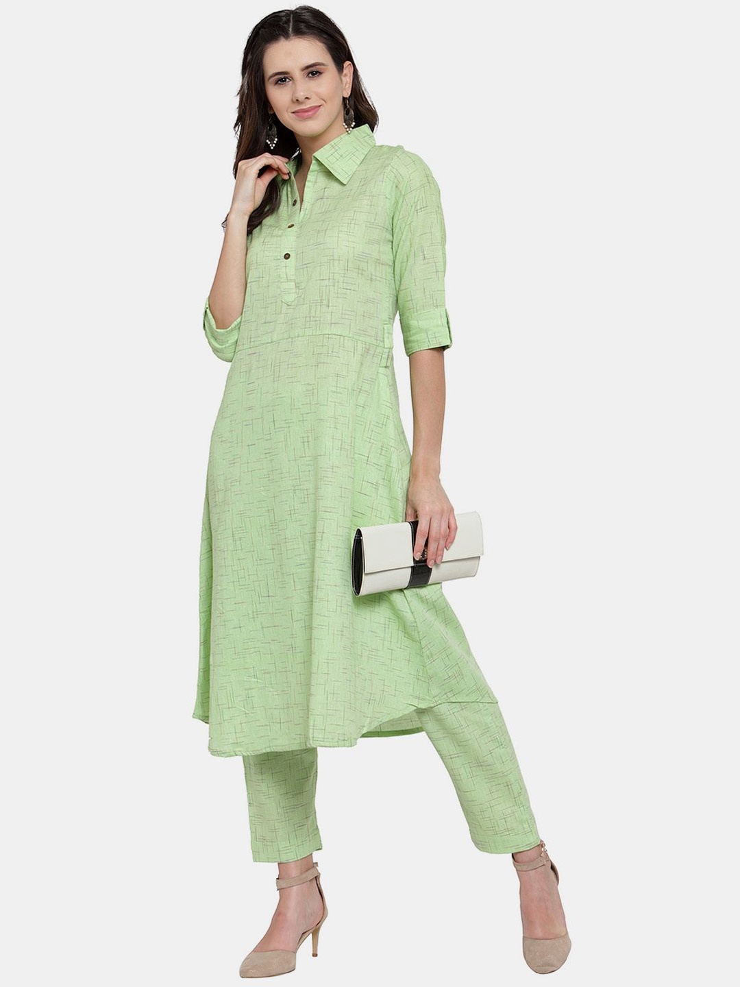 

Sayesha Geomteric Printed Shirt Collar Pure Cotton A-Line Kurta With Trousers, Green