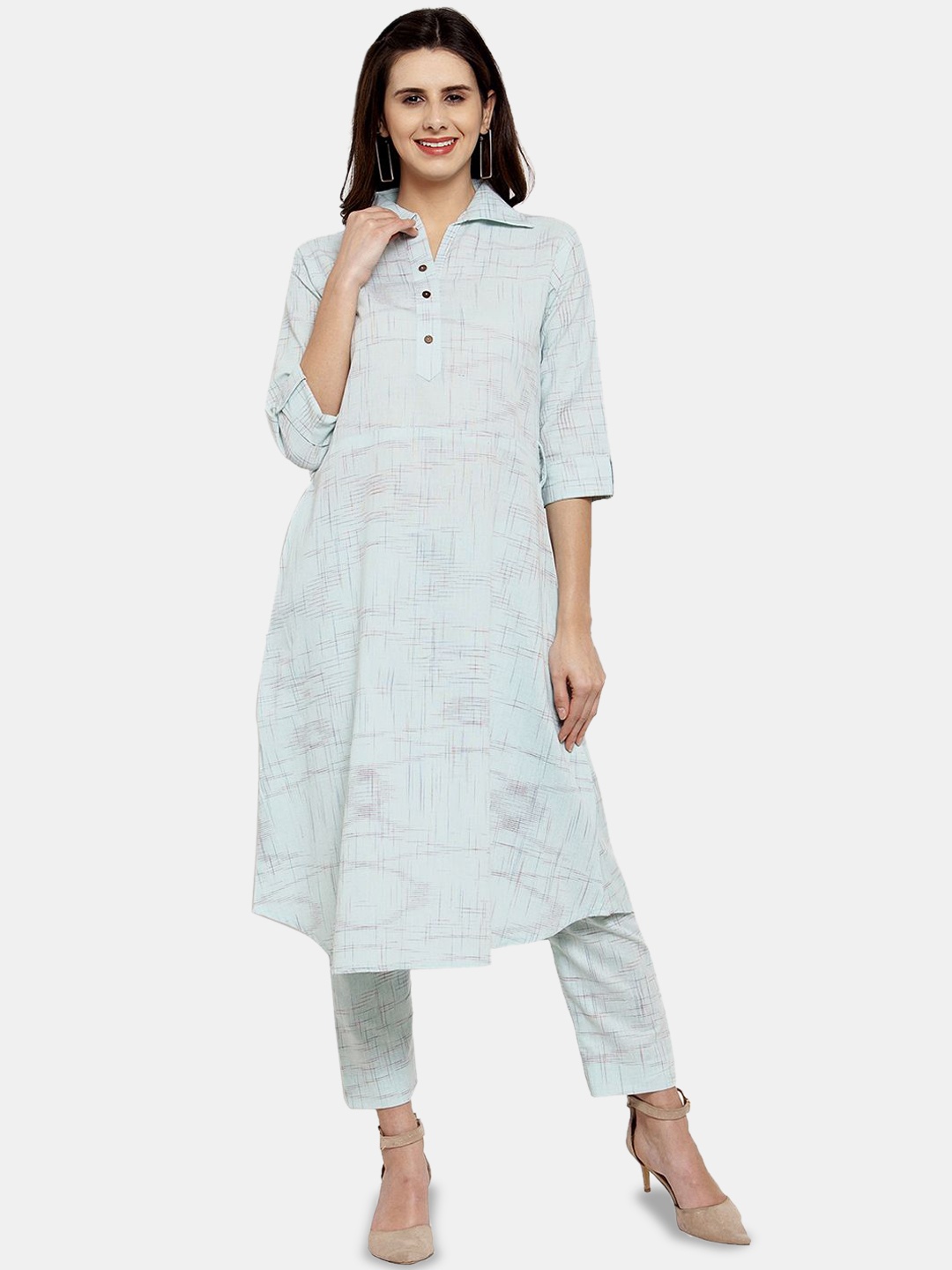 

Sayesha Geomteric Printed Shirt Collar Pure Cotton A-Line Kurta With Trousers, White
