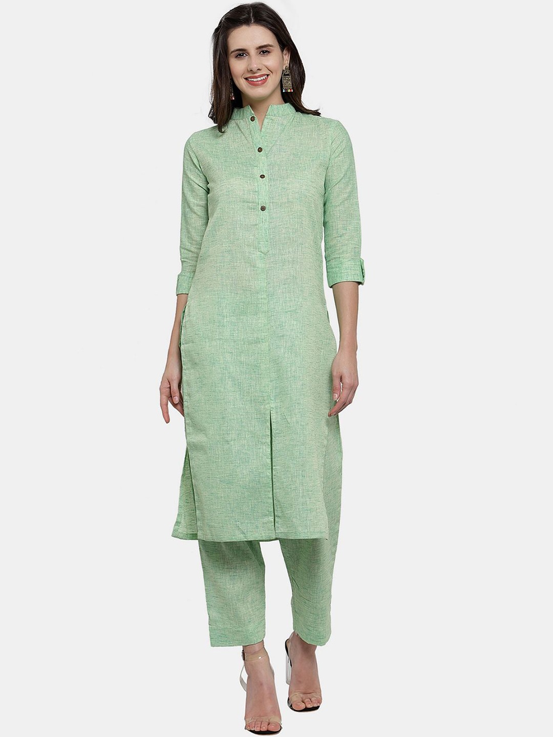 

Sayesha Mandarin Collar Pure Cotton Straight Kurta with Trousers, Green