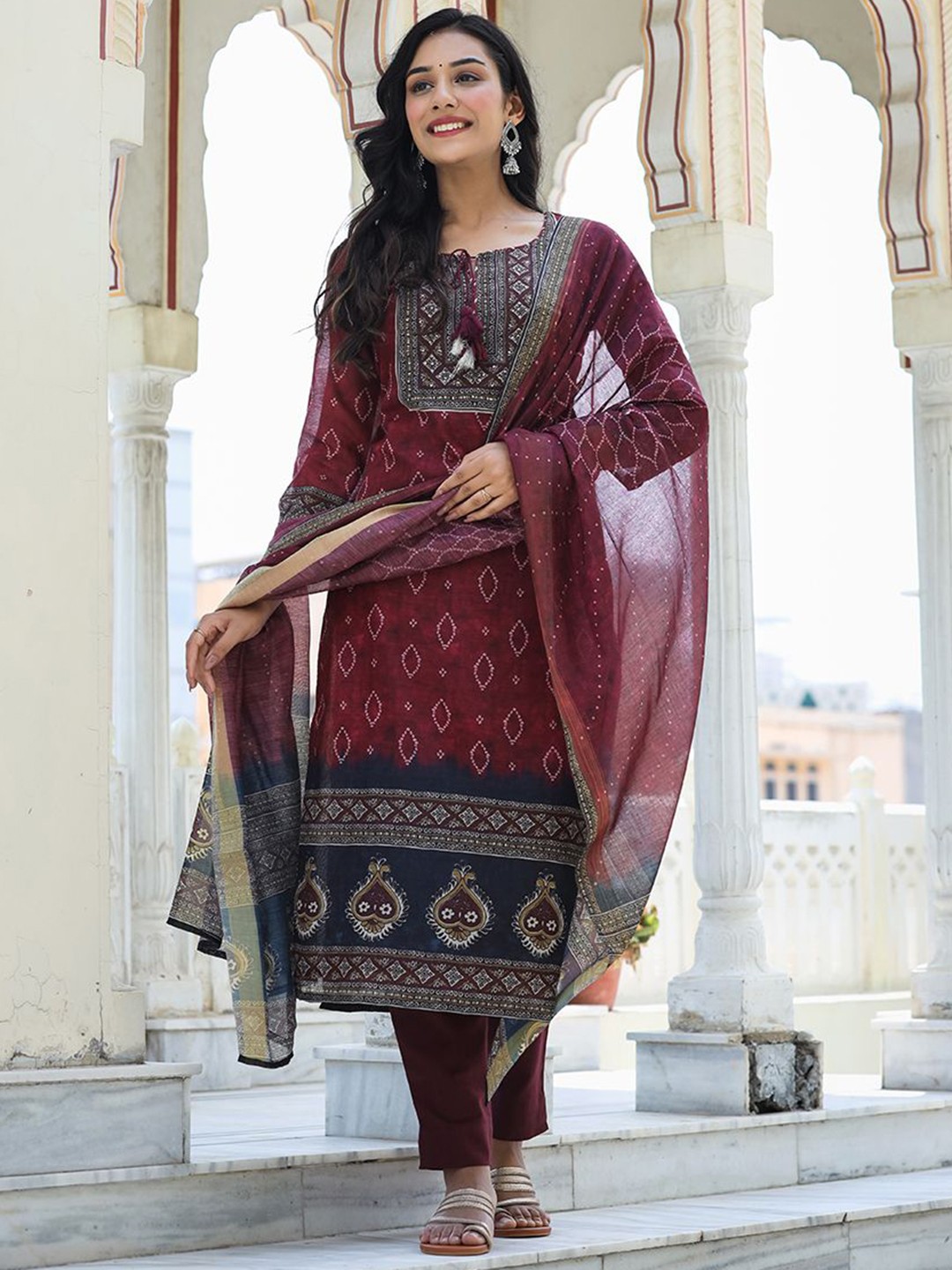 

KAAJH Geometric Printed Sequinned Chanderi Silk Kurta With Trousers & Dupatta, Maroon