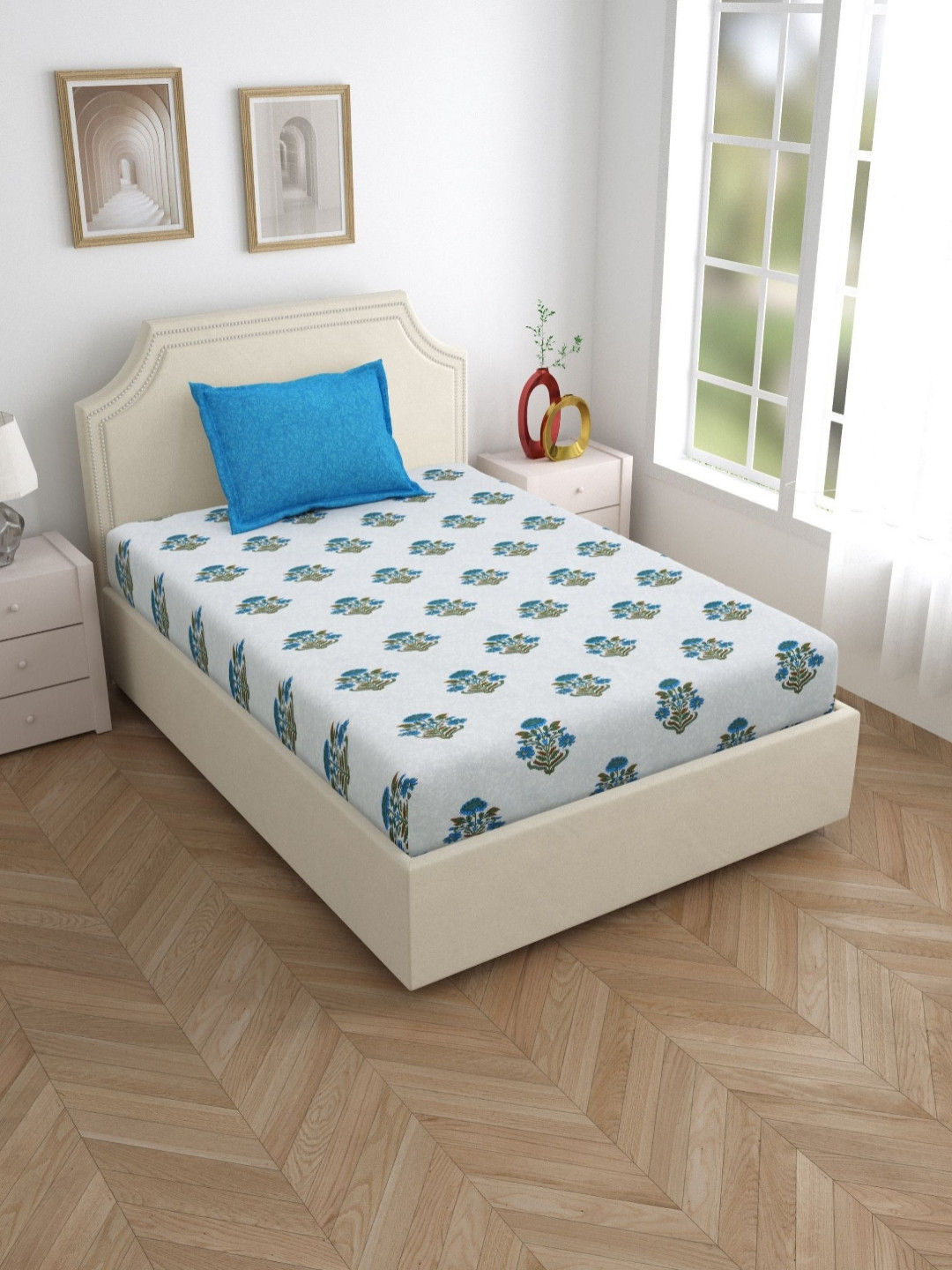 

Salona Bichona Blue & White Floral Cotton 120 TC Single Bedsheet with 1 Pillow Cover
