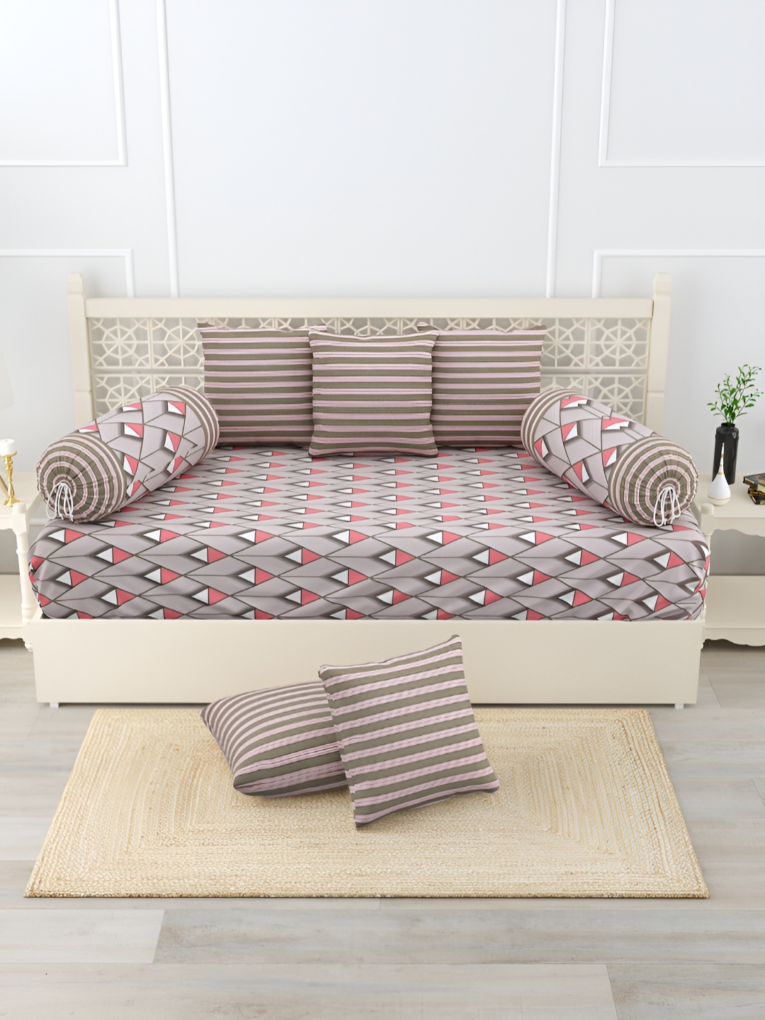 

Salona Bichona Olive Green & Red 8 Pieces Printed Superfine Cotton Diwan Set