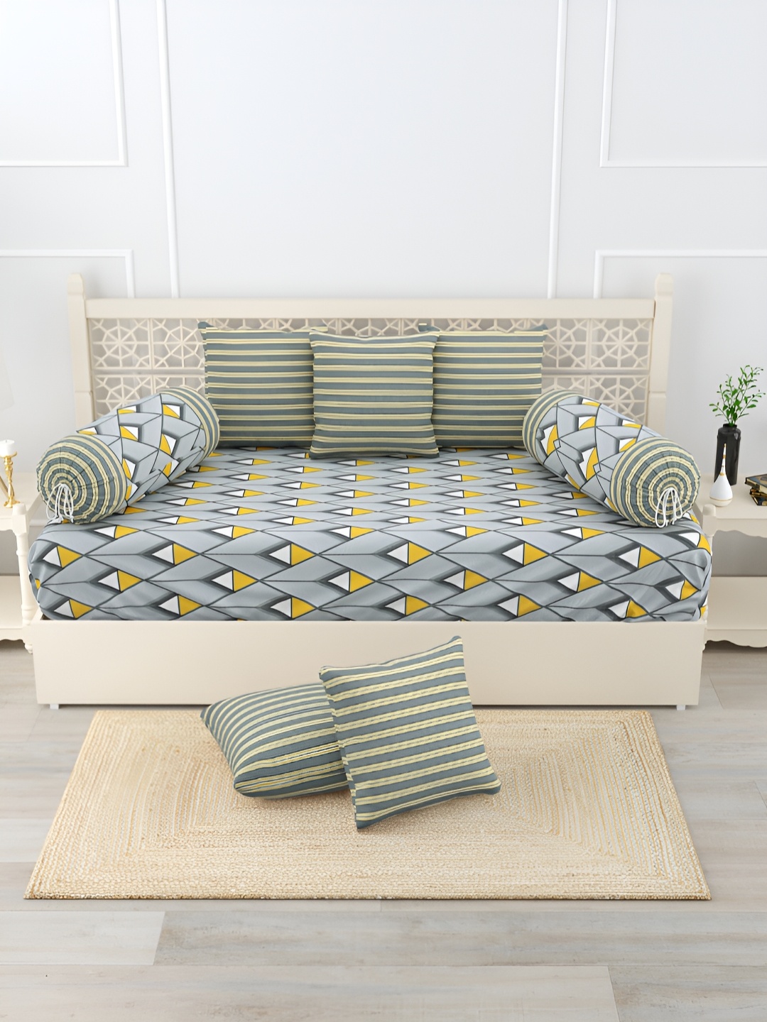 

Salona Bichona Grey & Yellow 8 Pieces Striped Superfine Cotton Diwan Set