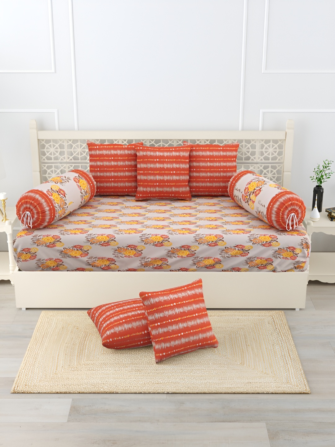 

Salona Bichona Orange & Yellow 8 Pieces Printed Cotton 120 TC Diwan Set