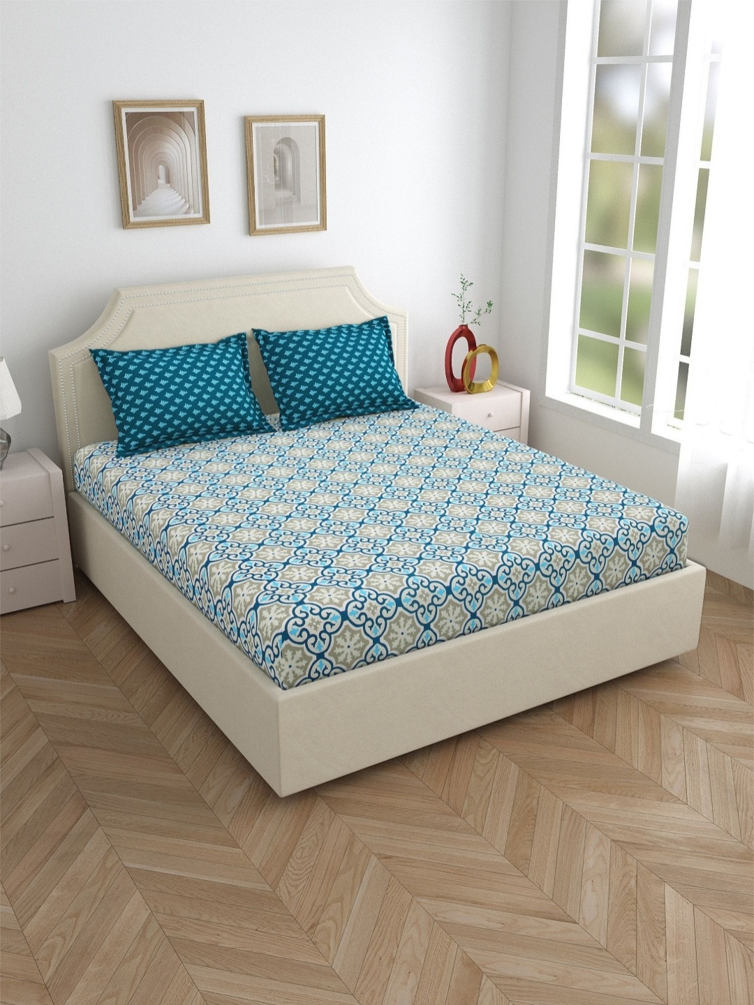 

Salona Bichona Teal Blue Floral Cotton 120 TC Double Queen Bedsheet with 2 Pillow Covers