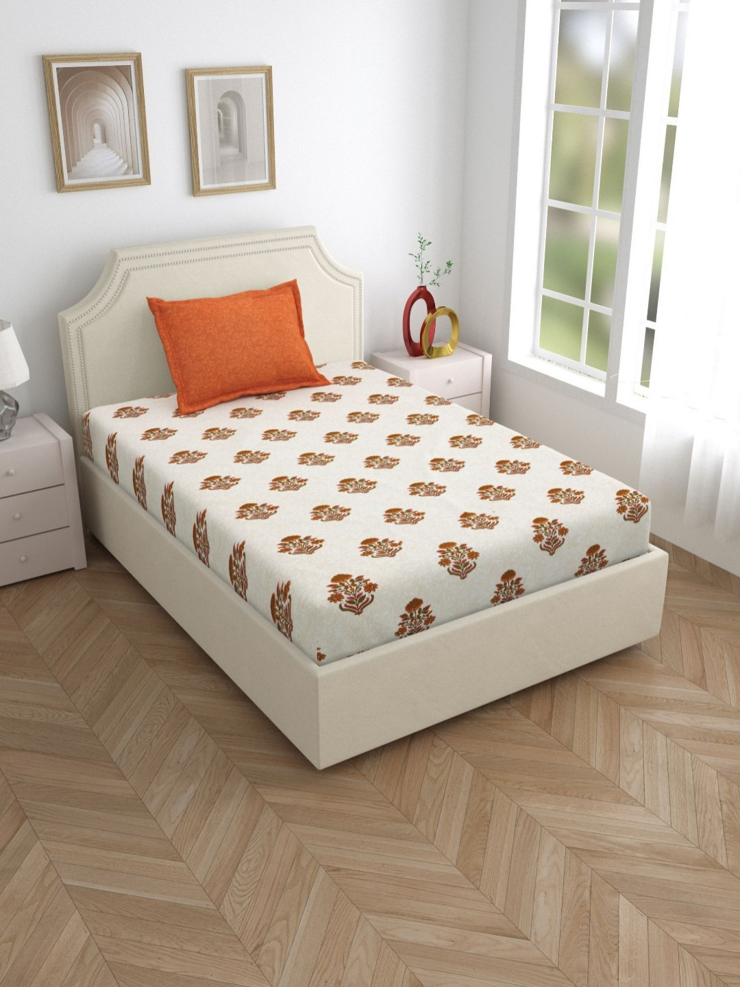 

Salona Bichona Brown & White Floral Cotton 120 TC Single Bedsheet with 1 Pillow Covers