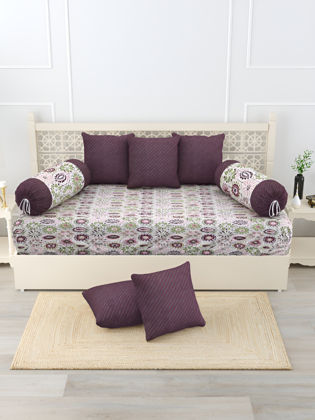

Salona Bichona Purple & Green 8 Pieces Floral Printed Superfine Cotton Diwan Set