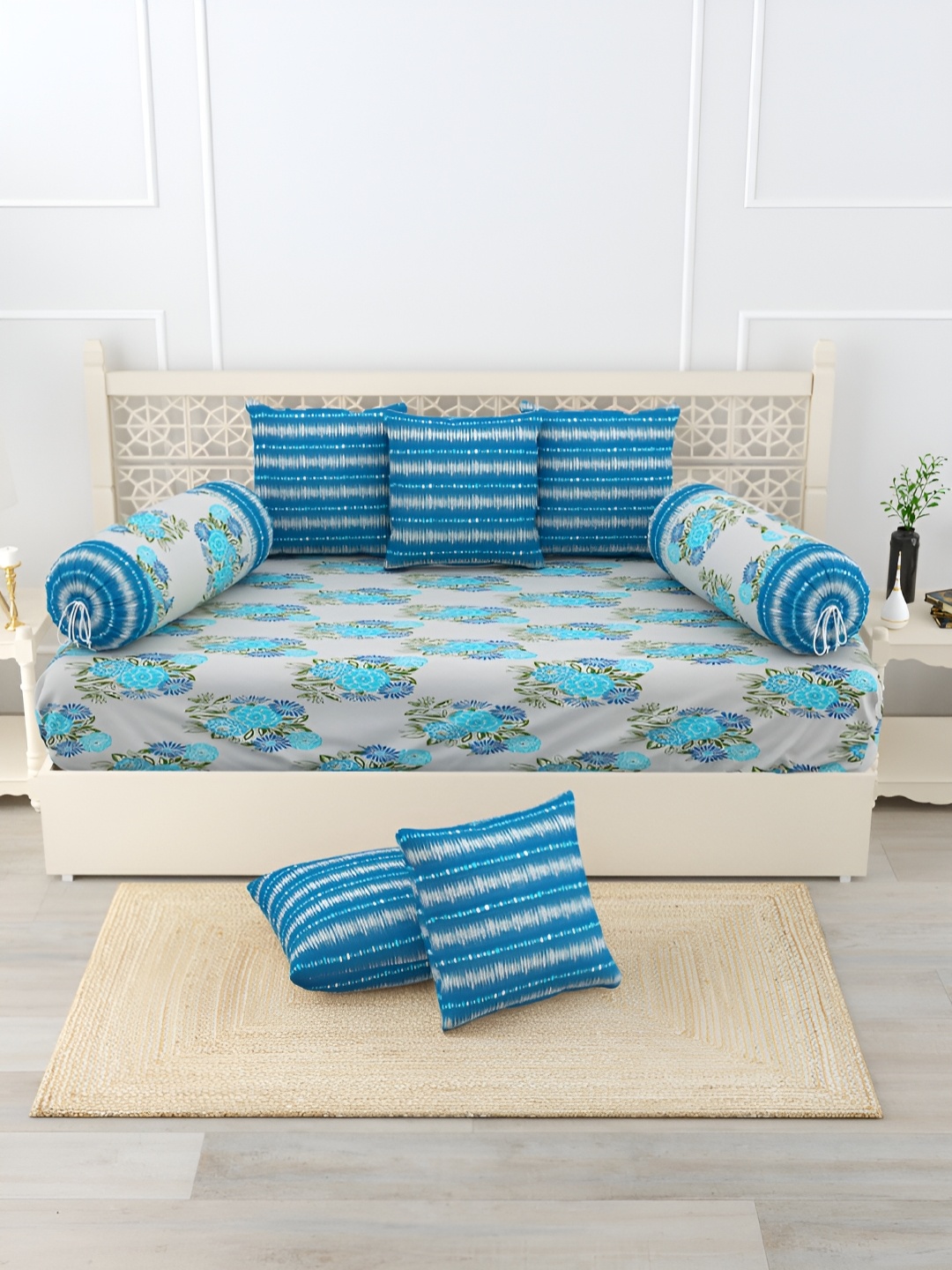 

Salona Bichona 8 Pcs Beige & Blue Printed Pure Cotton Diwan Set, Turquoise blue