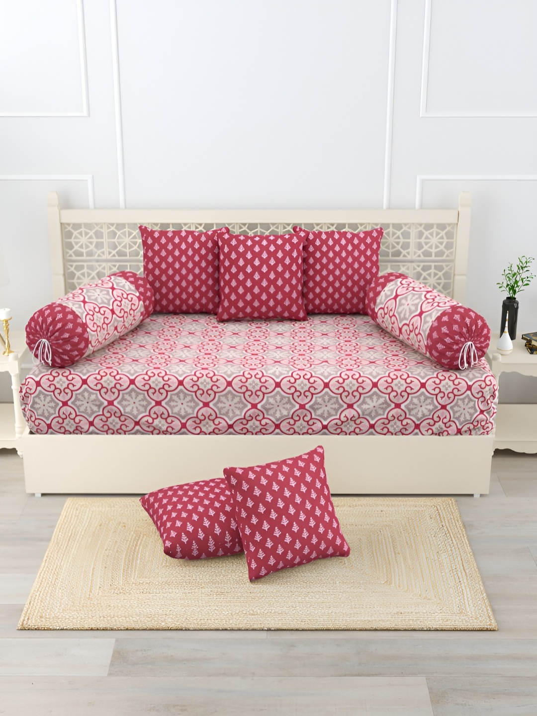 

Salona Bichona 8 Pcs Pink & Grey Floral Printed Cotton Diwan Set