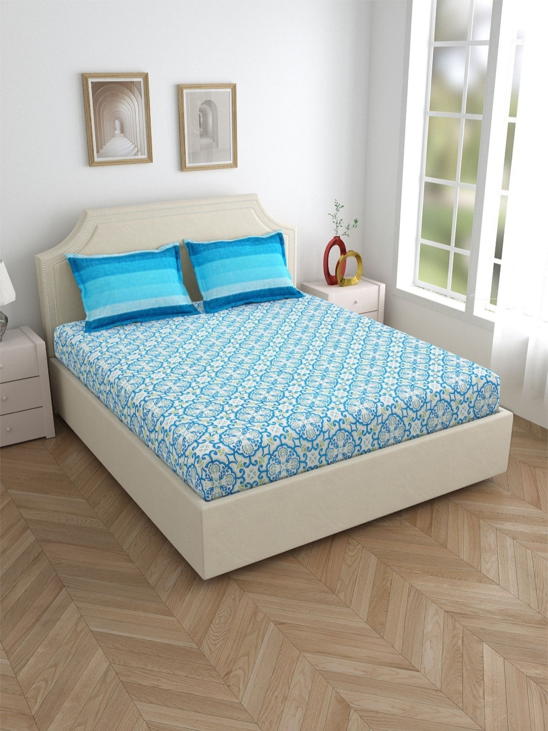 

Salona Bichona Blue & Sea Green Printed 120 TC Cotton Queen Bedsheet with 2 Pillow Covers