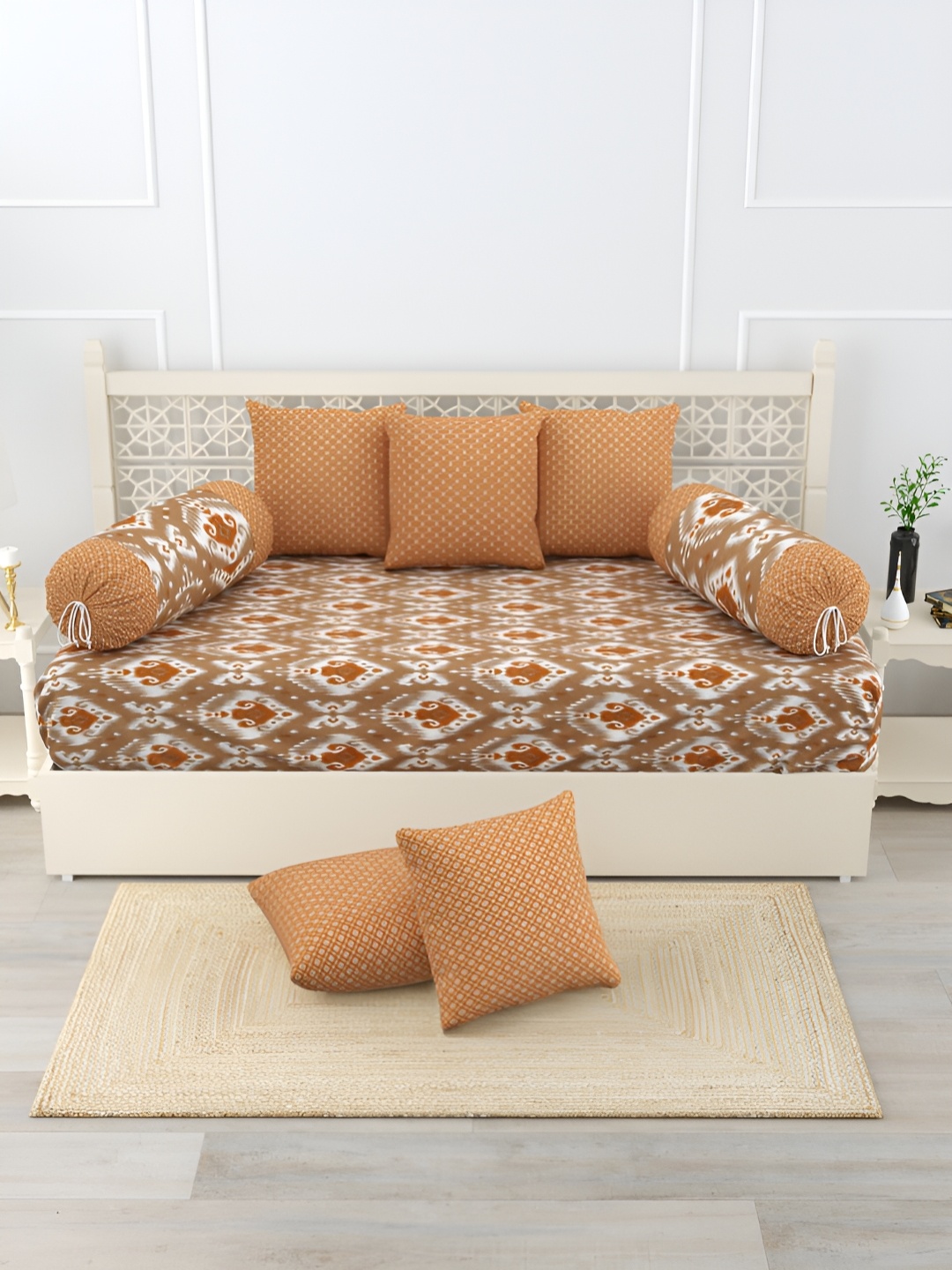 

Salona Bichona Orange & Brown 8 Pieces Printed Cotton Diwan Set