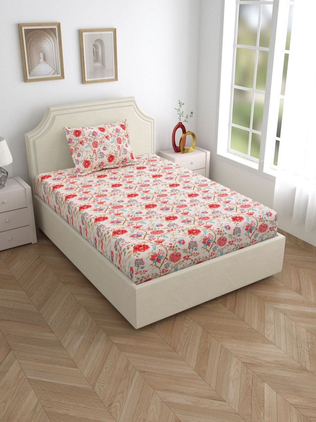 

Salona Bichona Pink & Blue Floral Cotton 120 TC Single Bedsheet With Pillow Cover