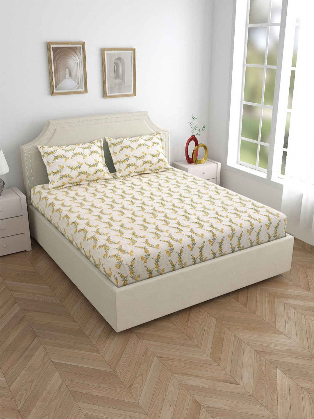 

Salona Bichona Off White & Yellow Floral Cotton 120 TC King Bedsheet With 2 Pillow Covers