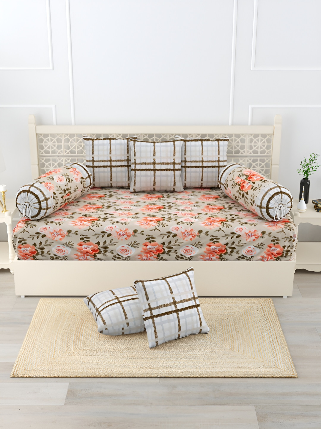 

Salona Bichona 8 Pcs Beige & Orange Colored Printed Pure Cotton Diwan Set