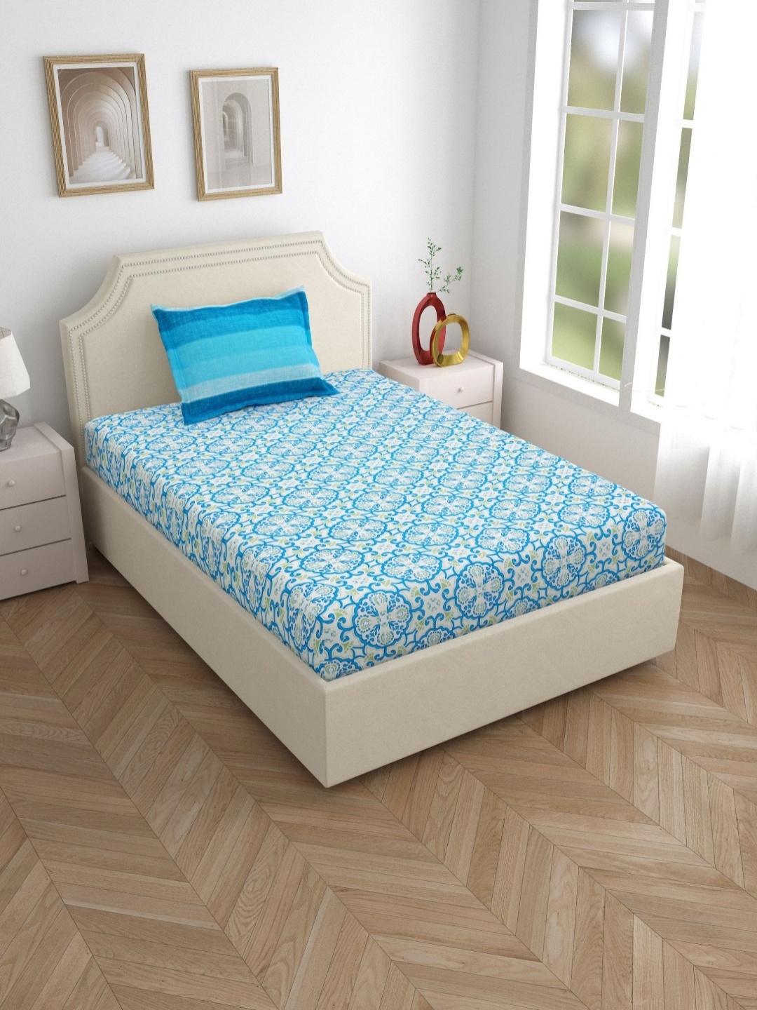 

Salona Bichona Pink & Blue Floral Printed 120 TC Cotton Single Bedsheet With Pillow Cover