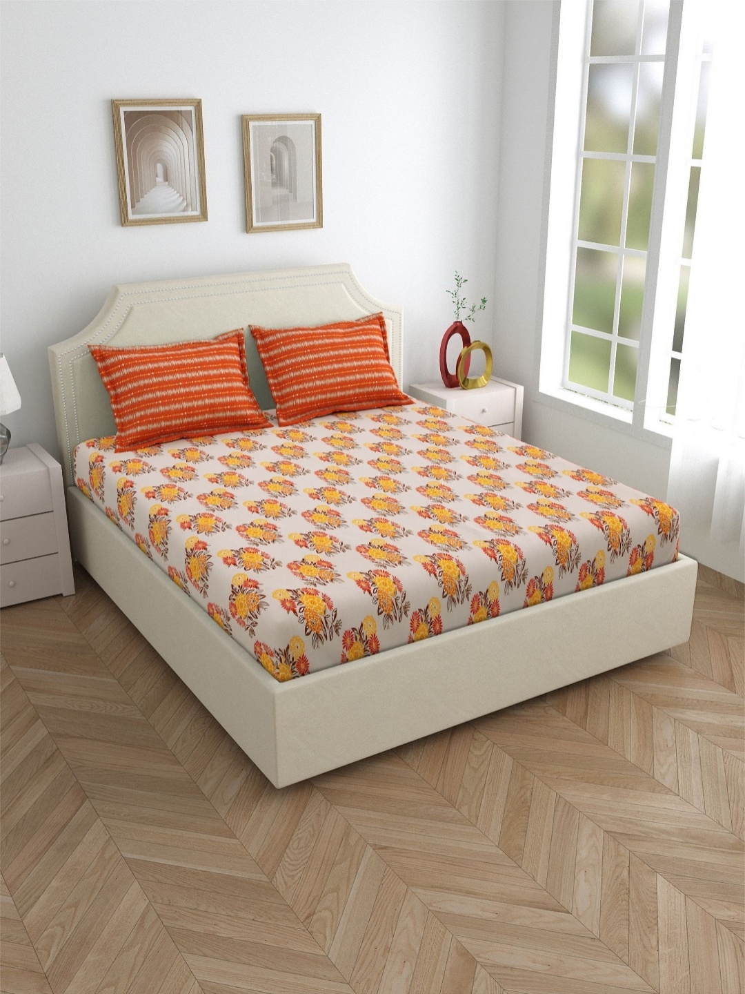 

Salona Bichona Orange Floral Cotton Fitted 120 TC King Bedsheet With 2 Pillow Covers