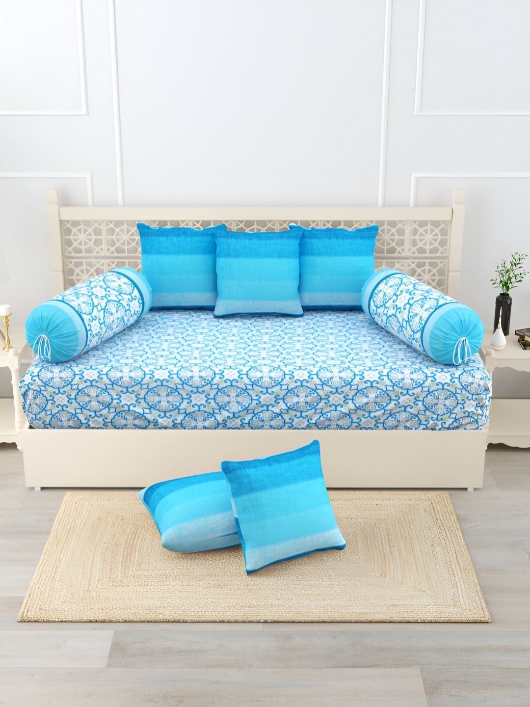 

Salona Bichona Blue & Sea Green 8 Pieces Floral Printed Cotton 120 TC Diwan Set