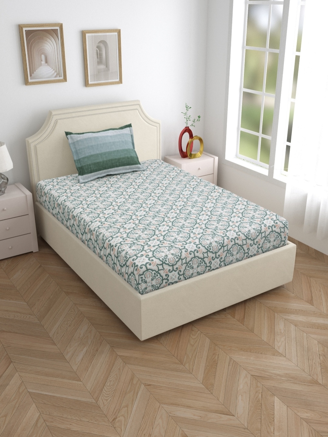 

Salona Bichona Sea Green Ethnic Motifs 120 TC Cotton Single Bedsheet & 1 Pillow Cover
