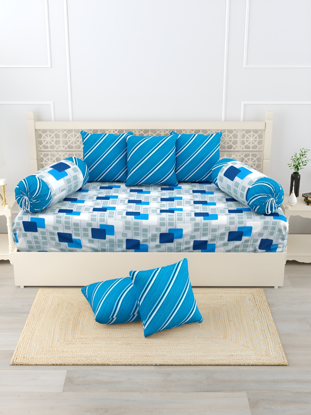 

Salona Bichona 8Pcs Blue & Grey Geometric Printed Cotton Diwan Set