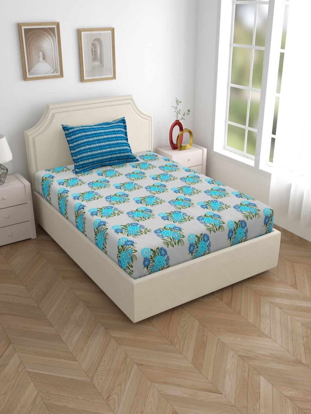 

Salona Bichona Turquoise Blue Floral 120 TC Cotton Single Bedsheet With Pillow Cover