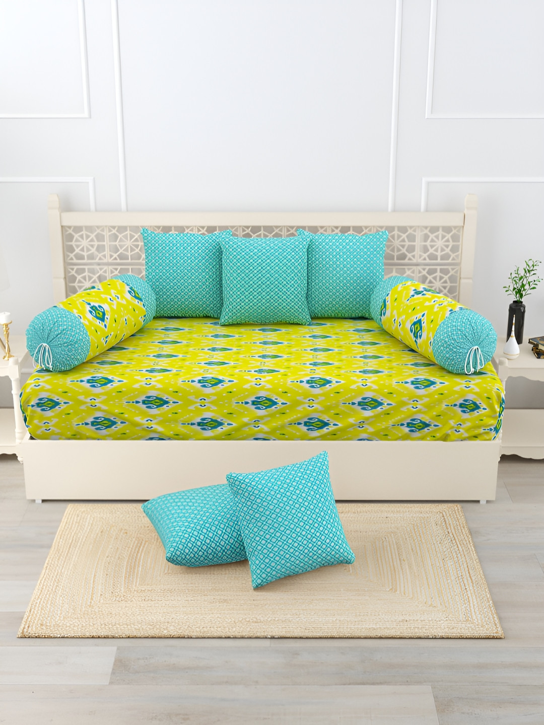 

Salona Bichona 8 Pcs Green & Turquoise blue Printed Pure Cotton Diwan Set